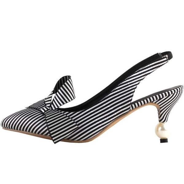 

dress shoes lf60438 show story retro black white stripes bow pointed toe pearl heel artsy heels slingback pump