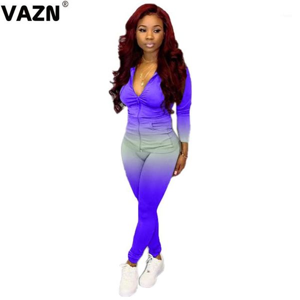 

vazn 2020 new summer fashion v-neck sport fitness two piece set gradient ramp full sleeve full pant 2 pieces set1, Gray