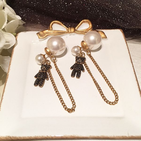 

cute bear long tassel chain earrings new fashion front back pearl stud earrings jewelry for woman girls s925 silver post, Golden;silver