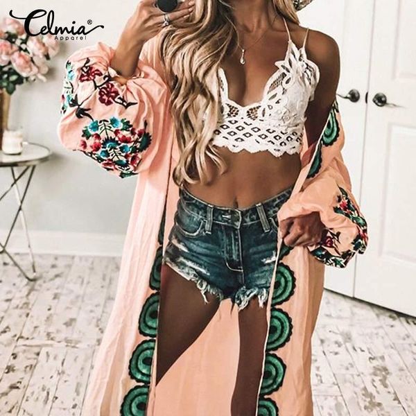 

2020 summer women bohemian cardigan kimono printed long blouses shirts celmia belt casual loose blusas femininas plus size1, White