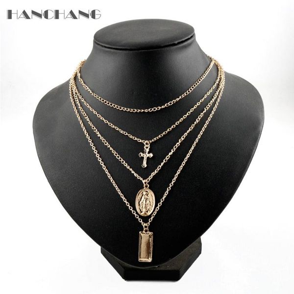 

multi-layer necklace women fashion jewelry cross gold color coin link chain charms female choker clavicle chains, Silver