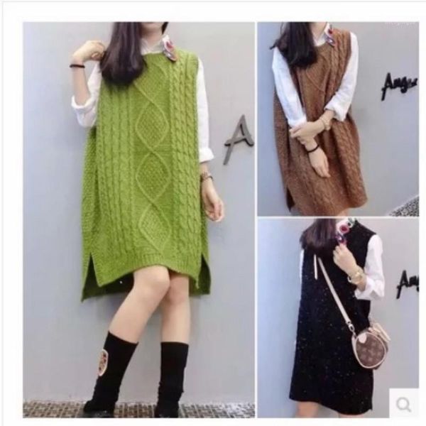 

2021 women autumn winter slim vest dress lady solid causal knit dress female elegant stript sleeveless v-neck mid-long vests g321, Black;white