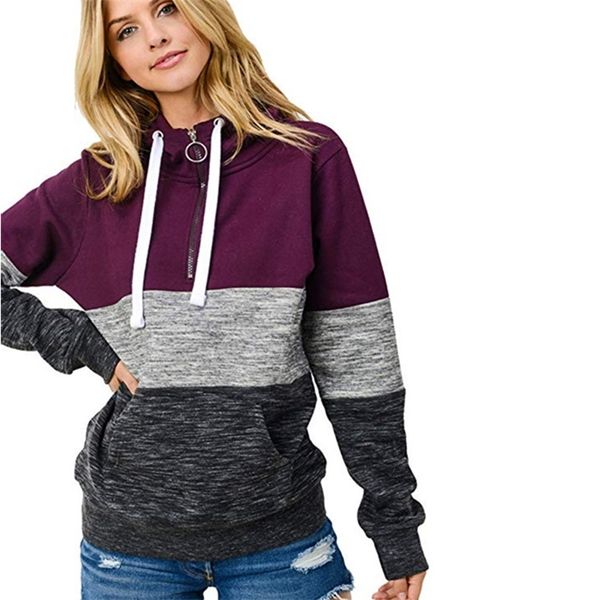 

aksr spring new women's hooded sweatshirt stitching color zipper mid-length long-sleeved coat loose fashion classic trend 201203, Black