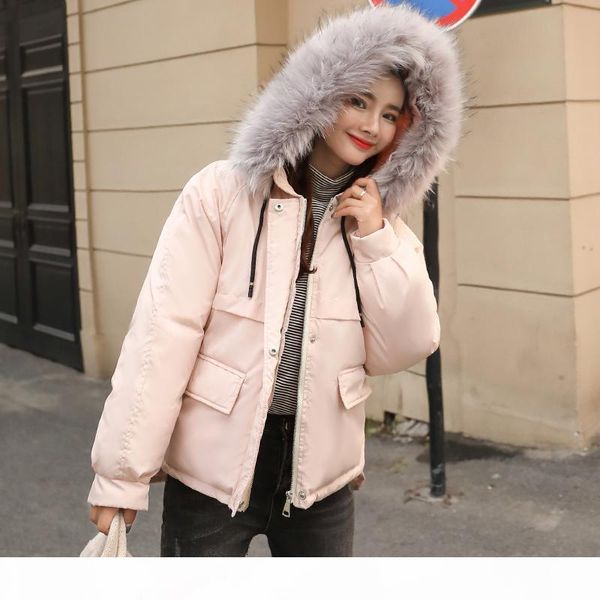 

new fashion 2019 women winter jacket with fur collar hooded padded female coat outwear short womens parka abrigo mujer, Black