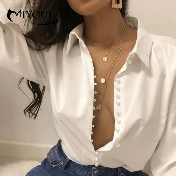 

miyouj solid office lady shirts 2020 fashionable clothes single pearl breasted vintage casual turn-down collar woman blouses, White