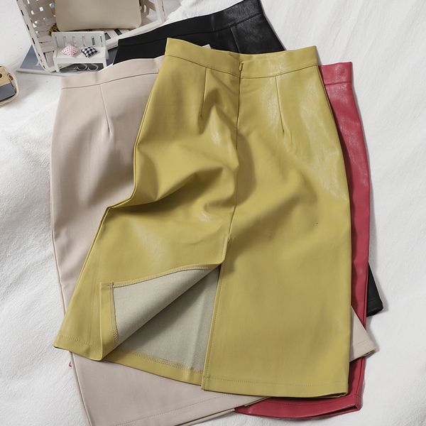 

2021 new women split solid pu leather fashion casual high waist straight spring autumn skirt 3v9p, Black