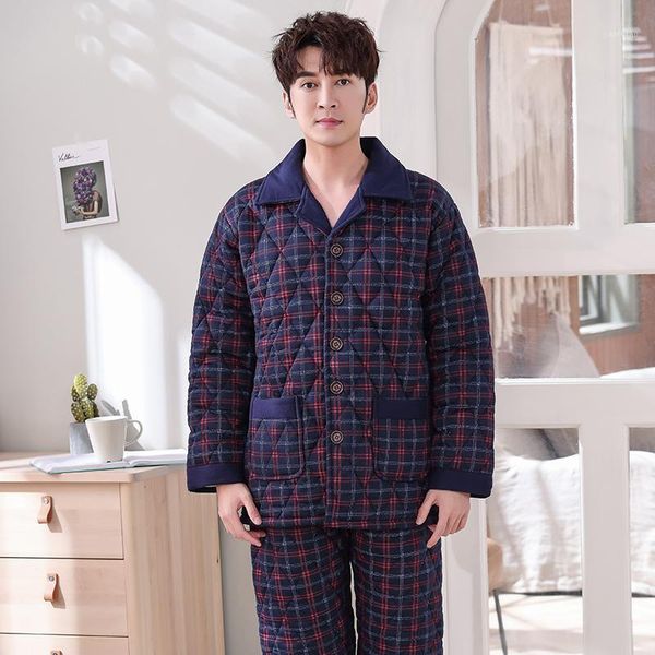 

new winter fashion plaid quilted pajama sets soft men sleepwear winter lounge set three layer padded cotton thick quilted jacket1, Black;brown