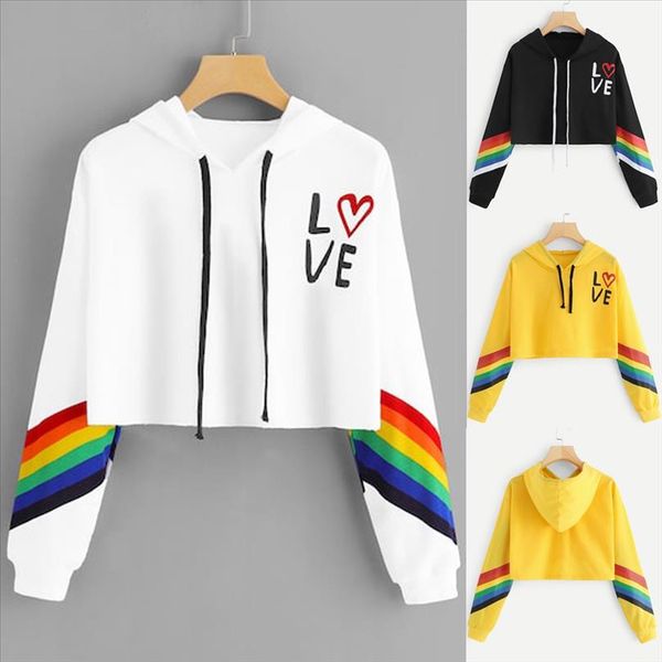 

2020 женщины радуга слияние слияние с длинным рукавом hoodie pullover love print дама толстовка bluasa короткие вершины felpe донна, Black