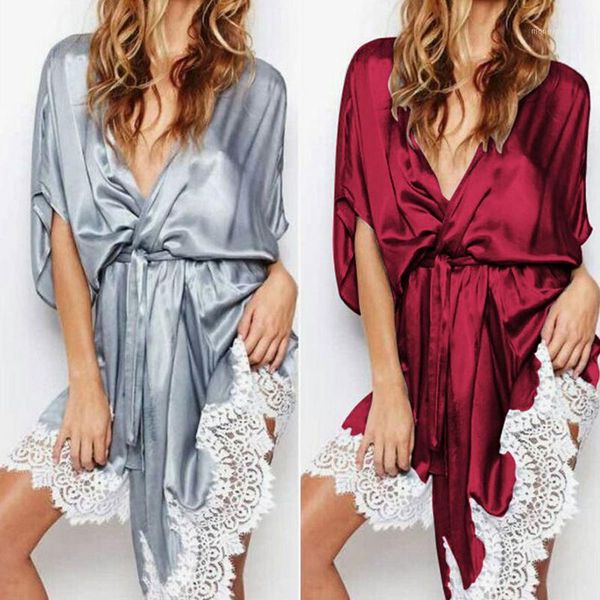 

women's sleepwear lace satin pajamas nightgown ladies homewear casual summer faux silk womens robes night wear gown sleepwear1, Black;red