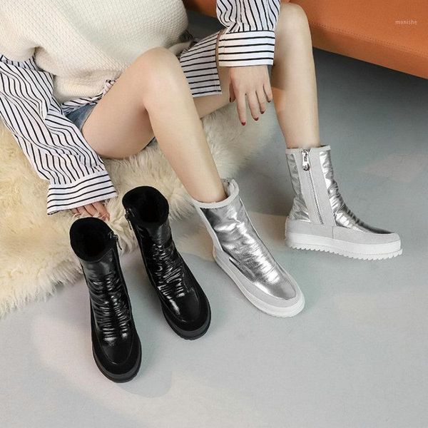 

boots sianie tianie leather silver black platform wedges heel woman winter shoes warm wool fur inside women snow big size 34-431