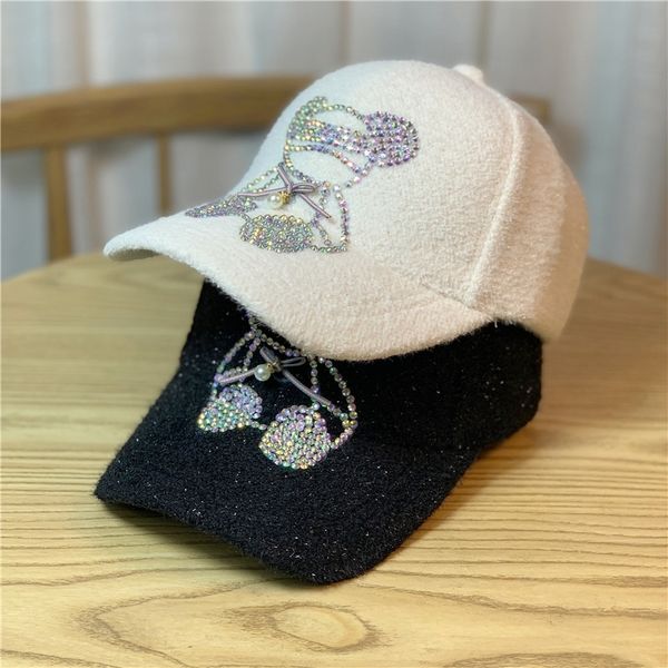 

sun hat female autumn and winter rhinestone bear baseball fashion versatile net red plush cap for round face, Blue;gray