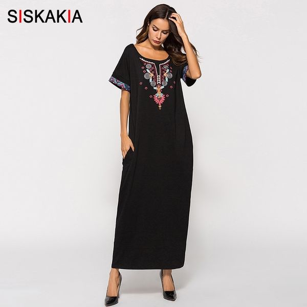 Siskakia Dress Dress Long Black Etnico Ricamo Etnico Patchwork Maxi Abiti Summer Urban Casual T Shirt Abito Abito musulmano T200601