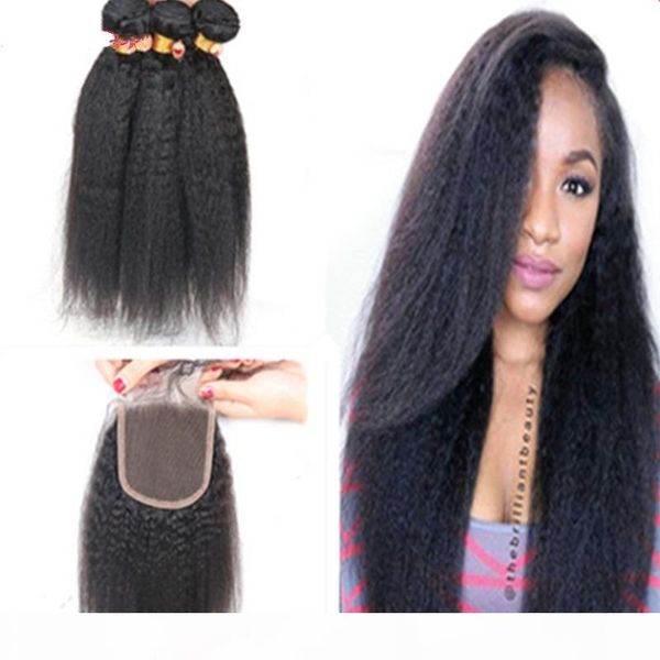 

brazilian kinky straight 9a human hair with closure coarse yaki hair weaves with lace closure 4x4 for black woman
