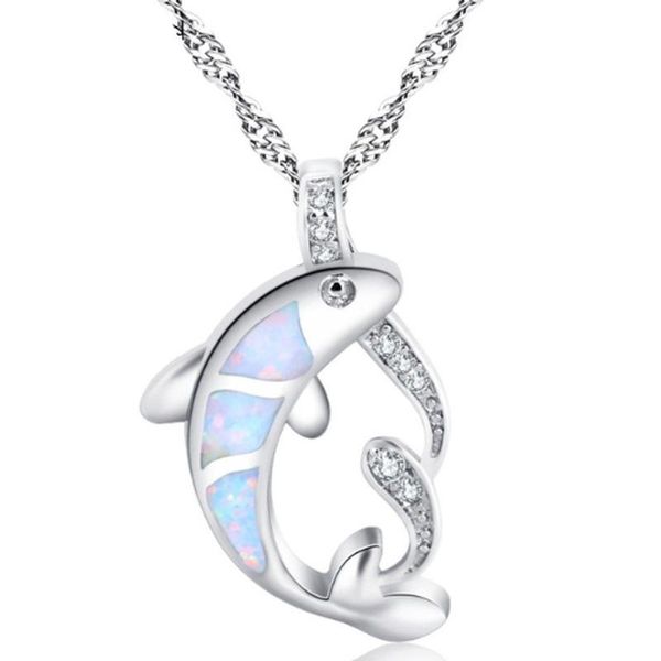 

мода серебряный цвет дельфин животное кулон ожерелье женщины белые opals choker длинные ожерелье boho цепочка ювелирные изделия bijoux женск, Silver