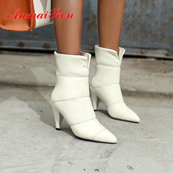 

boots anmairon 2021 winter women pu slip-on ankle for pointed toe square heel short plush sewing high, Black