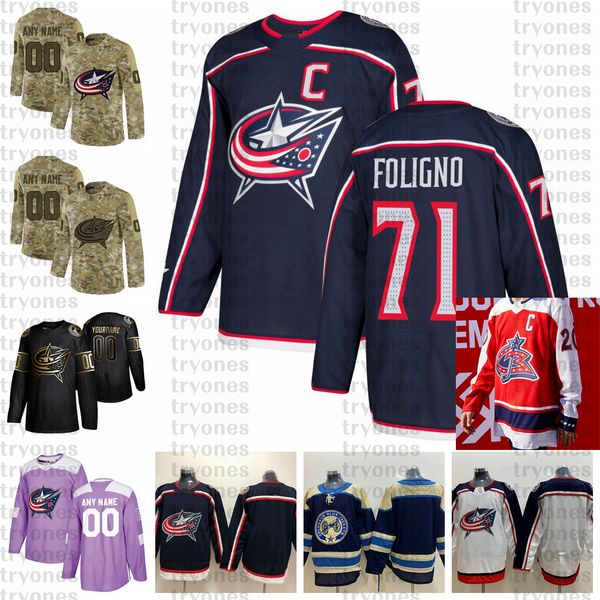 

2021 reverse retro customize #71 nick foligno columbus blue jackets jerseys golden edition camo veterans day fights cancer hockey jersey, Black;red