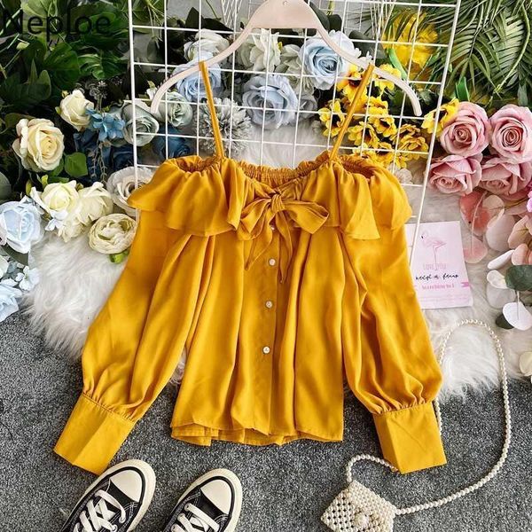 

neploe women chiffon blouse bow tie slash neck sling shirt puff long sleeve single breasted blusas mujer de moda 2020 4a9561, White