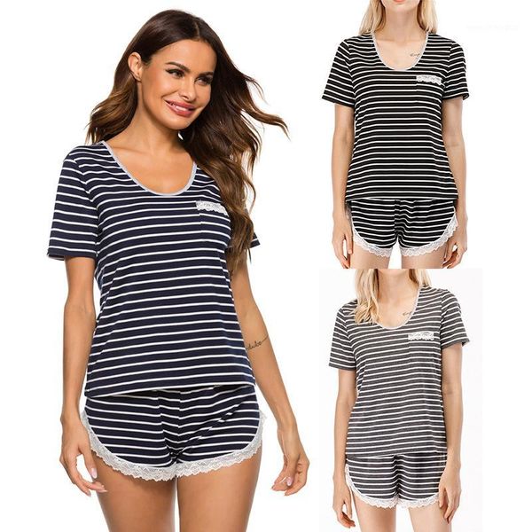 

women's sleepwear pajama sets casual striped set summer 2021 2 piece pyama woman two women cotton pajamas1, Black;red