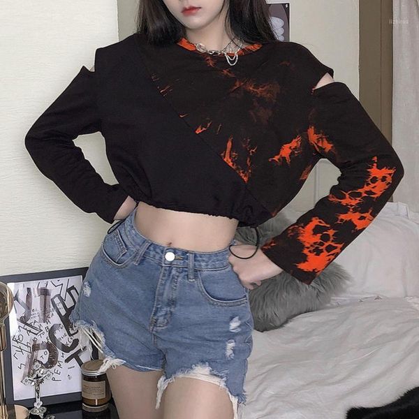 

new women hollow long sleeve tie dye crop patchwork drawstring sweatshirt blouse 1, White