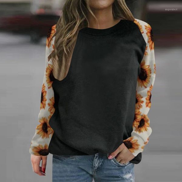 

sunflower printed women t-shirt flower color block patchwork long sleeve t shirt ladies casual plus size tee poleras mujer1, White