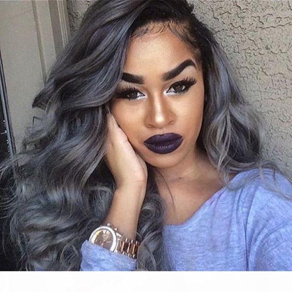 

handmade fashion women 180density synthetic ombre grey lace front wig body wavy women grey color heat resistant hair wigs, Black