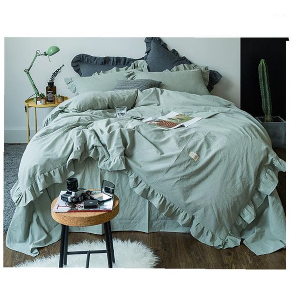 

4 pieces full/ size bedding sheets green duvet cover set with ruffles 100% cotton bed covers king size bed linen girls1