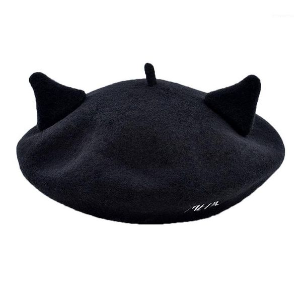 

doubchow women's cat ears embroidered artist wool french style berets cap hats 2020 juniors maiden baret beanie cap flat hat1, Blue;gray