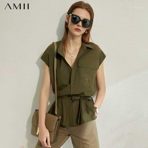 

amii minimalism spring summer flower embroidery women shirt caual lapel single-breasted belt female shirt 120702191, White