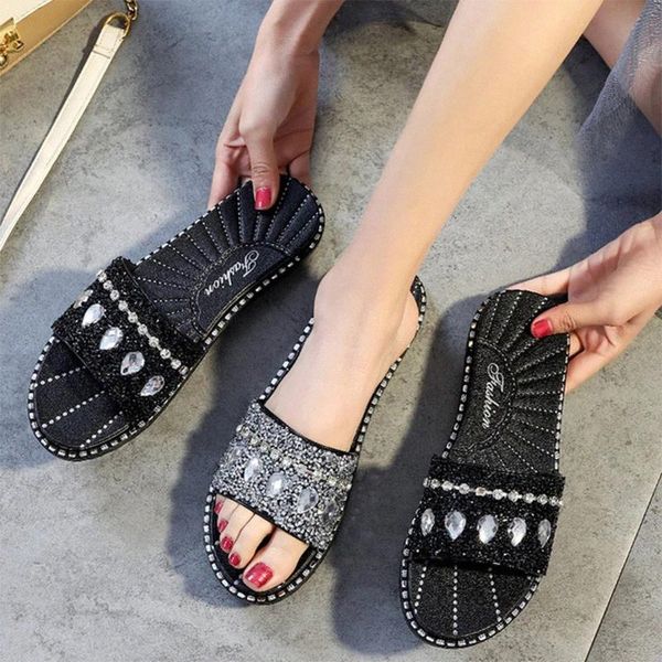 

summer women fashion rhinestone slides leisure ladies wild flat shoes shiny outdoor slippers female beach sandals woman shoes #aq2c, Black