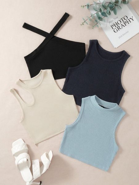 

4pcs solid ribbed crop j1ac#, White