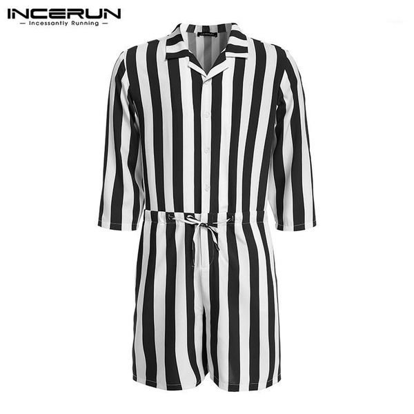 

incerun striped men rompers button 3/4 sleeve lapel 2020 streetwear fashion jumpsuit trousers men casual playsuit overalls s-5xl1, Black