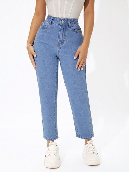 

petite high waist mom cropped jeans f1yc#, Blue