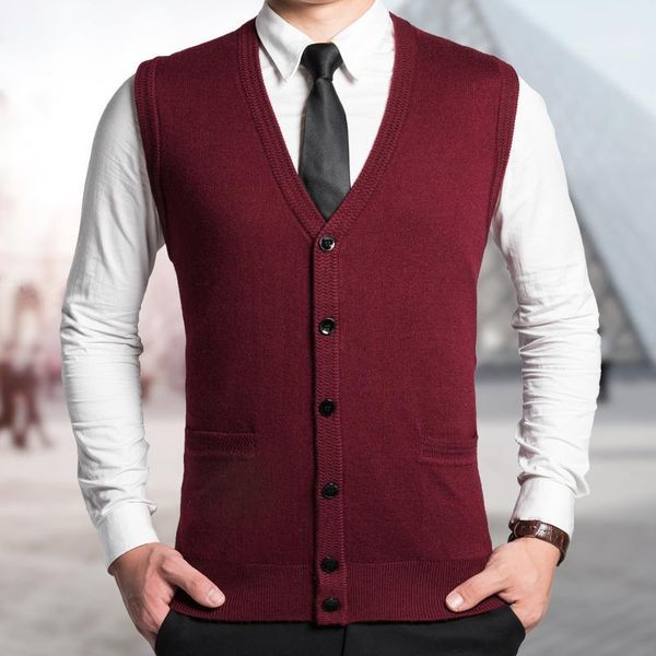 

2016 latest fashion men autumn sleeveless solid color buttons up wool cardigan sweater1, White;black