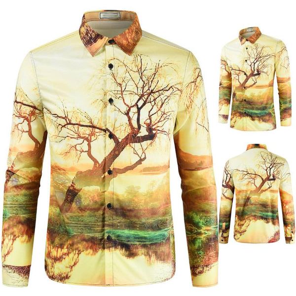 

men's casual shirts fashion spring autumn men shirt slim fit flower print long sleeve male social masculina tree, White;black