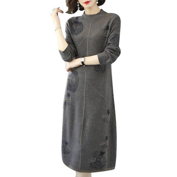 

2021 new women 2021 new ladies dress autumn winter knit sweater mid-long skirt over-the-knee base dresses unlv, Black;gray