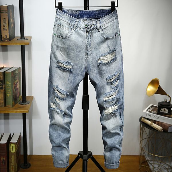 

new men's light-colored ripped jeans skinny feet ripped knee ripped hip-hop street fashion jeans denim trousers q0105, Black;white