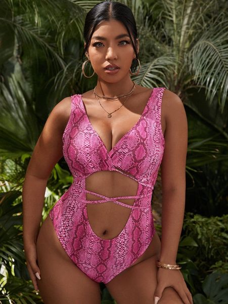 

plus snakeskin print cut-out one piece swimsuit j33m#, Black