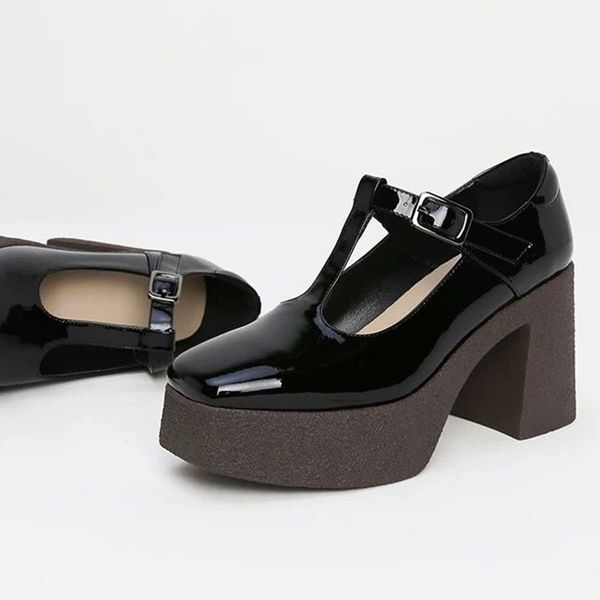 

2021 new arrives 100% genuine leather squared shoes high heels black woman t-strap as a party shoe size 34-39 6fk4