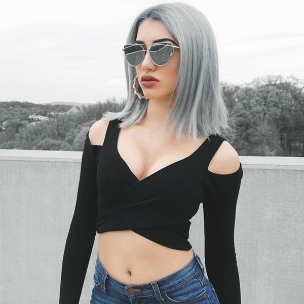 

women's long sleeve cold shoulder crop fashion solid color ladies v-neck, White