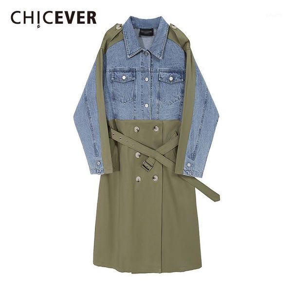 

chicever green strap dress for women lapel long sleeve patchwork denim lace up oversized a line dresses female 2021 fall clothes1, Black;gray