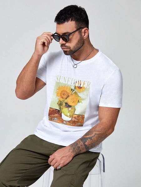 

extended sizes men sunflower and letter graphic tee h3d1#, White;black