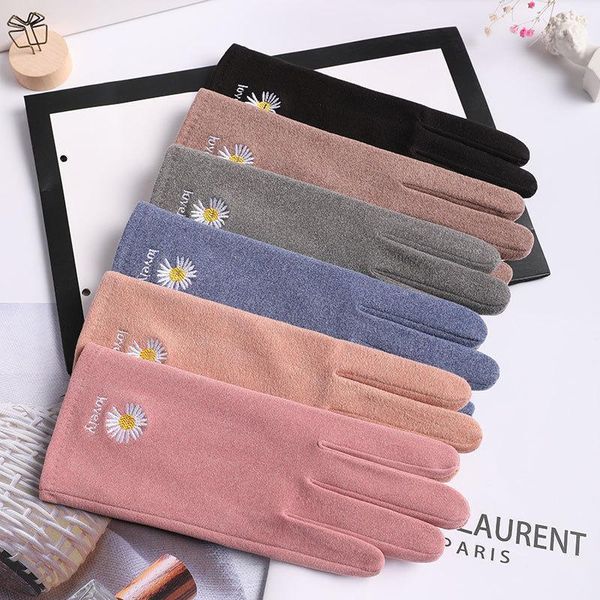 

touch screen mittens women winter gloves suede leather embroidery warm mitten gloves thickening driving1, Blue;gray