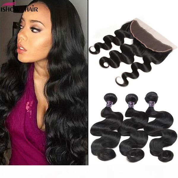 

8a brazilian body wave human hair wefts 3bundles with 13x2.5 lace frontal ear to ear full head natural color hair bundles, Black
