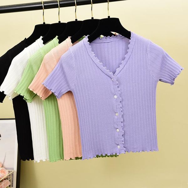 

korean crop sweater women v neck single breasted short cardigan summer short sleeve ruffles thin pull knitted 1, White;black