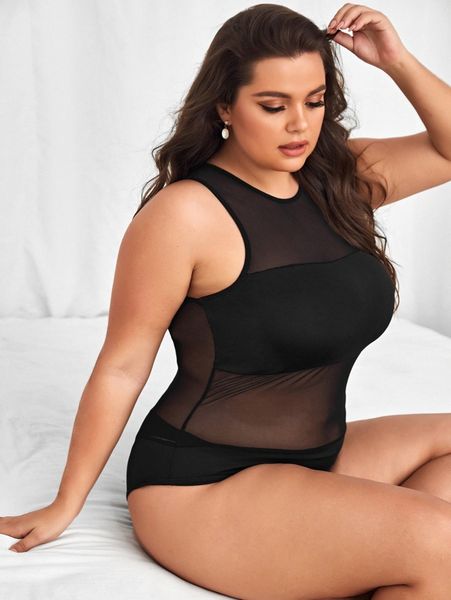 

plus solid mesh teddy bodysuit 39dh#, Black;white