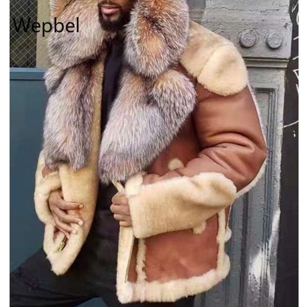 

wepbel men pu leather coat lamb plus size fashion street style coat big fur collar men's motorcycle faux leather jacket, Black