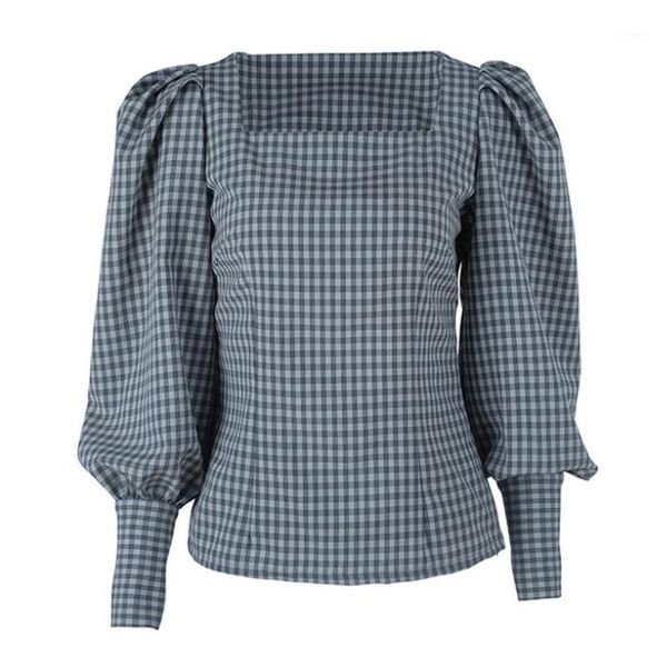 

womens vintage check plaid blouse shirts square collar lantern sleeve lolita victorian clothes retro gothic party tunic 1, White