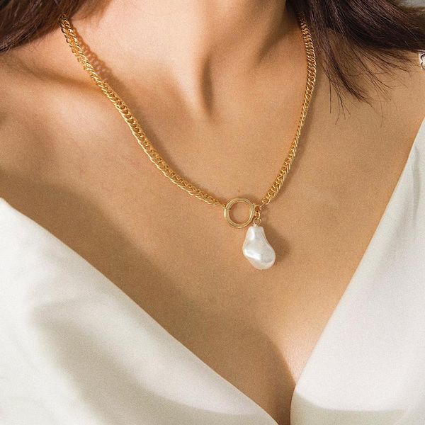 

single-layer chain round pendant retro simple special-shaped geometric pearl necklace female, Silver