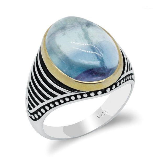 

new natural fluorite stone ring for men women jewelry gift silver 925 lake blue stone vintage stripe design ring, Golden;silver