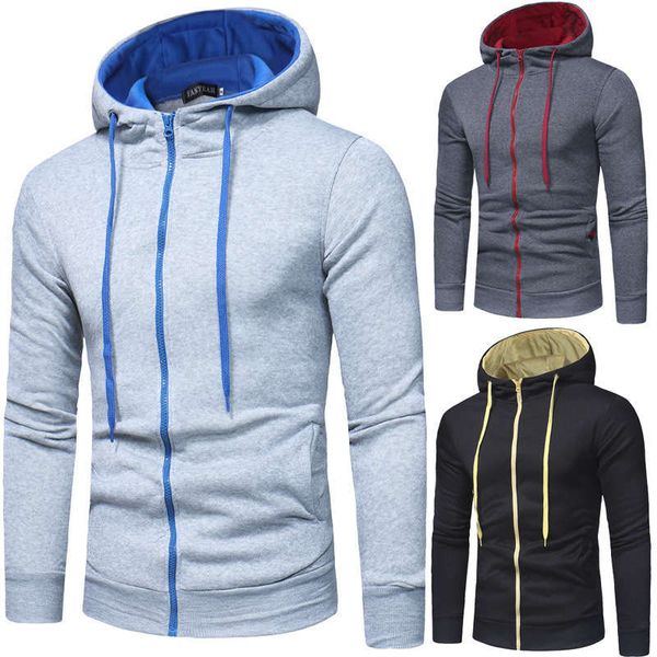 

spring and autumn new casual fashion men's zipper hood color matching sports cardigan sweater coat, Gray